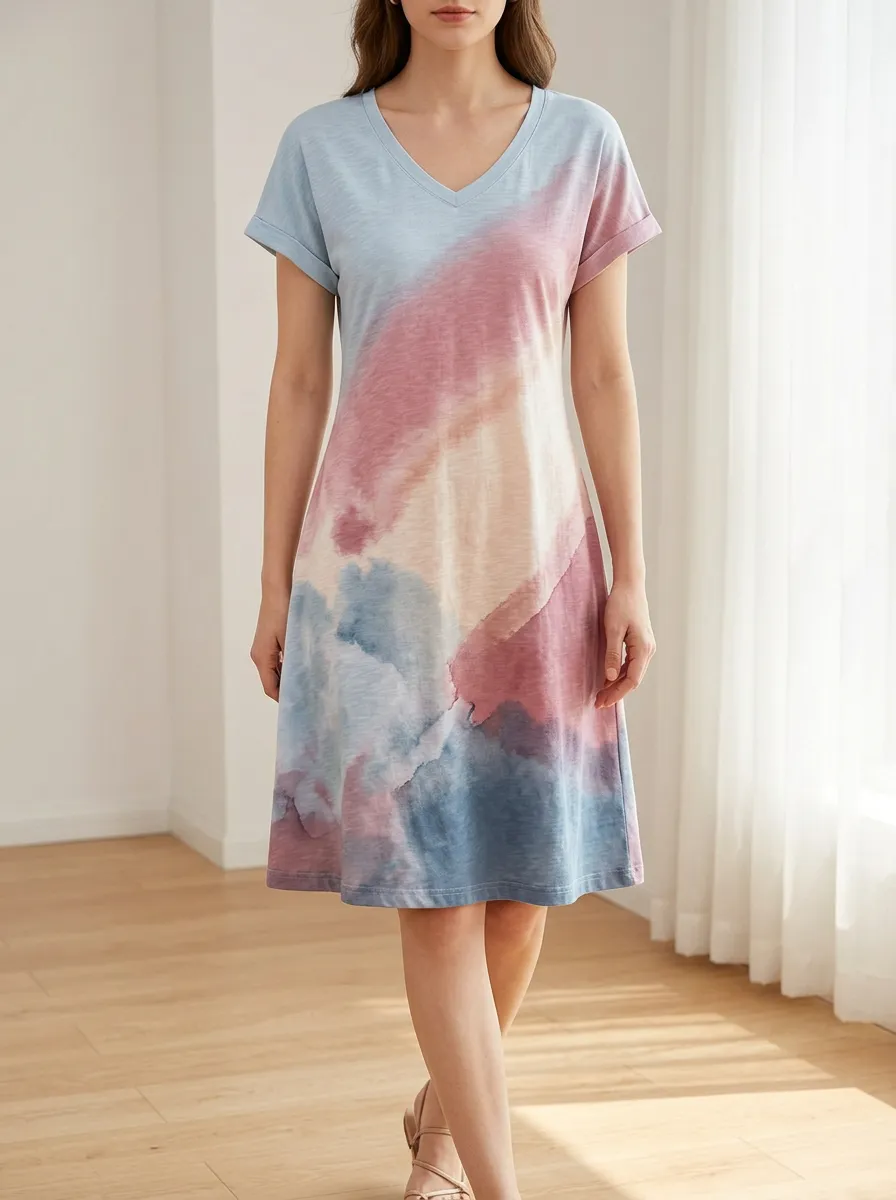 Women's Casual V-Neck Watercolor Tie-Dye Printed Dress
