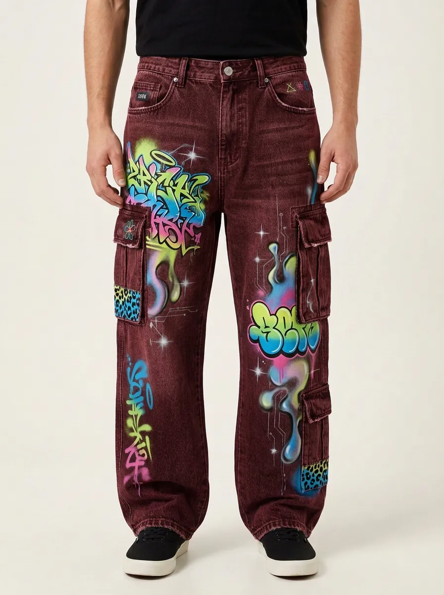 Men's Graffiti Neon Print Cargo Jeans