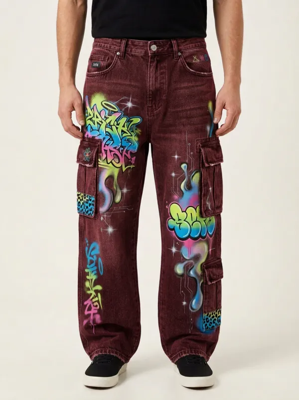 Men's Graffiti Neon Print Cargo Jeans