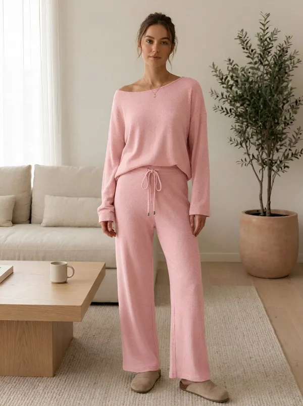 Women's Beige Ribbed Knit Off-Shoulder Loungewear Set