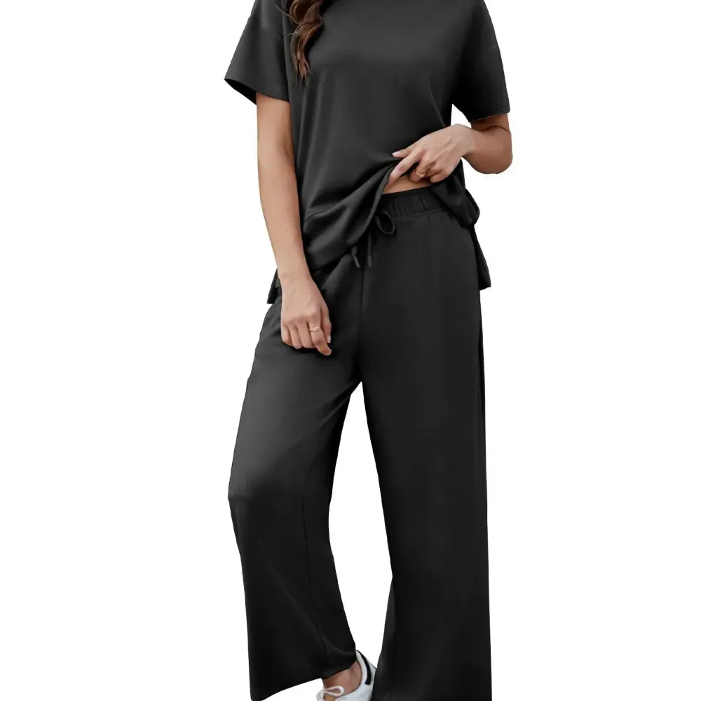 PINSPARK Women Summer Lounge Set with Short Sleeve Top & Wide Leg Pants