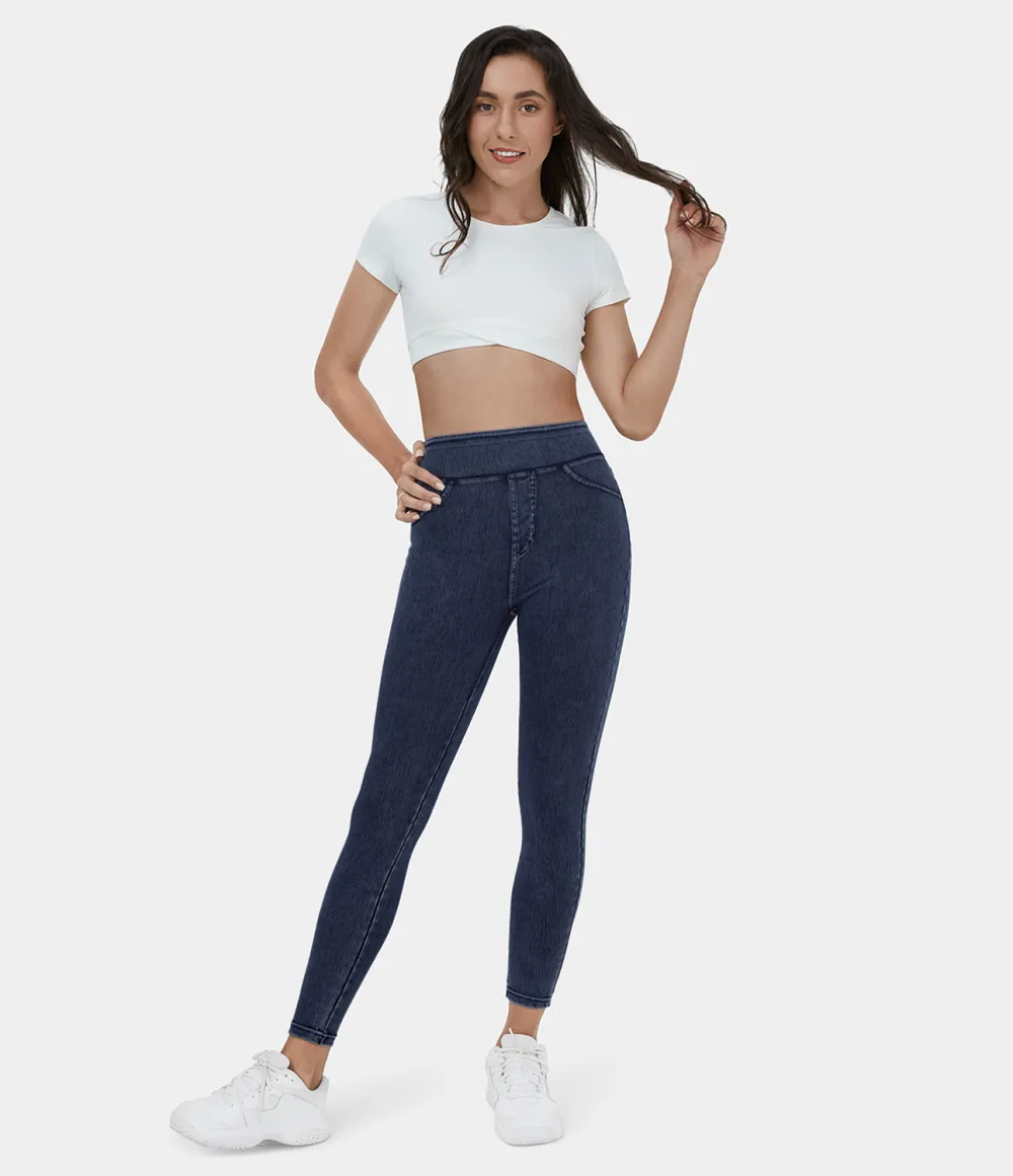 Magic High Waisted Back Side Pocket Stretchy Knit Denim Casual Leggings