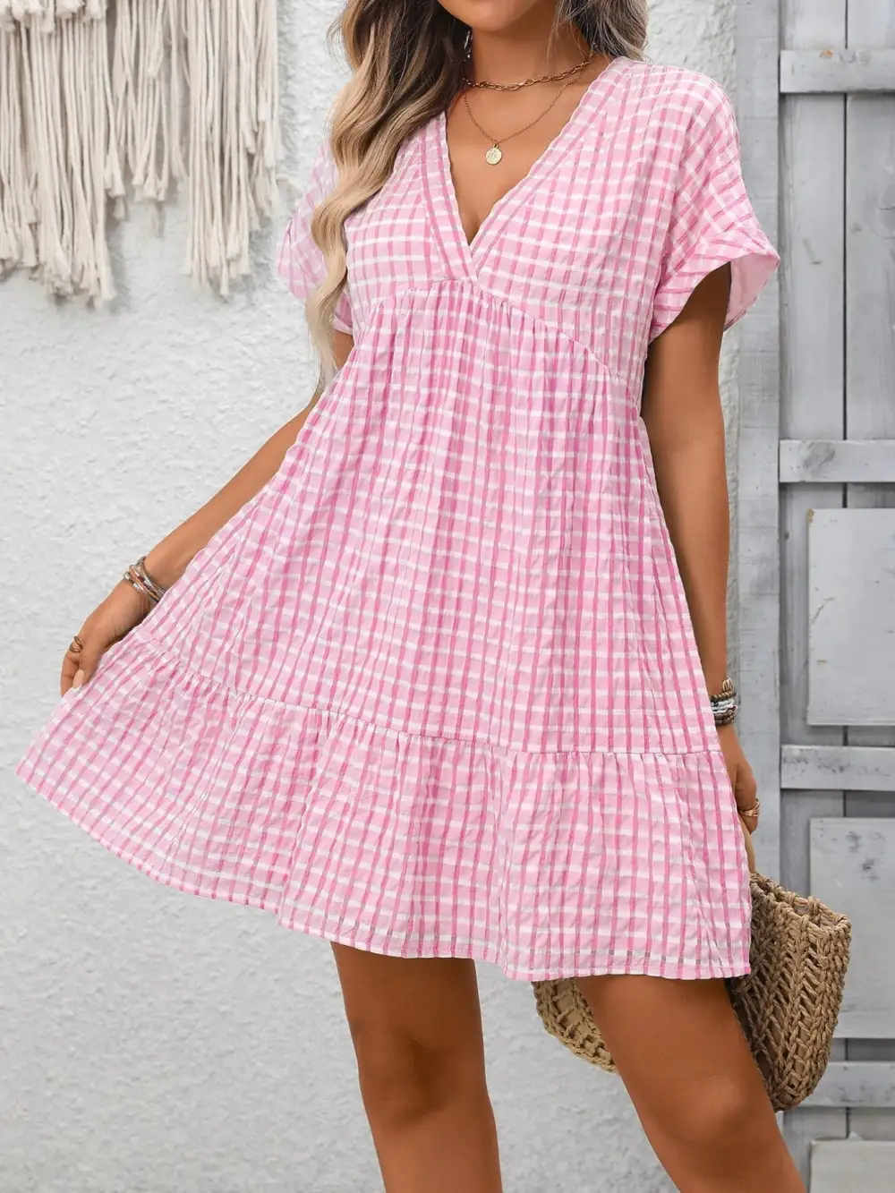 Modern V Neck Ruffle Mini Dress