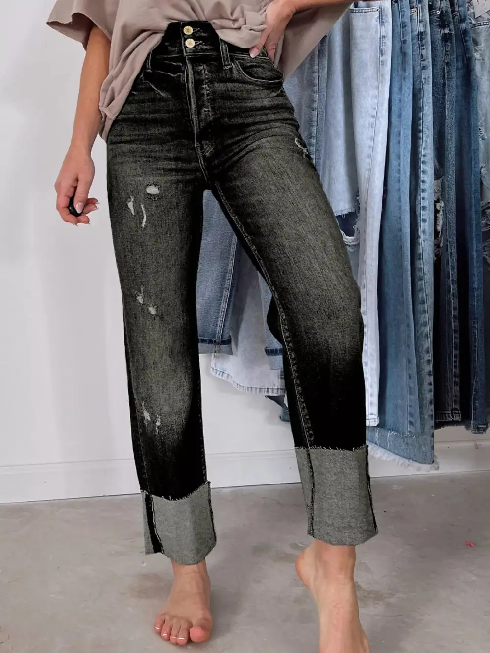 Washed High Waist Straight Leg Distressed Denim Jeans