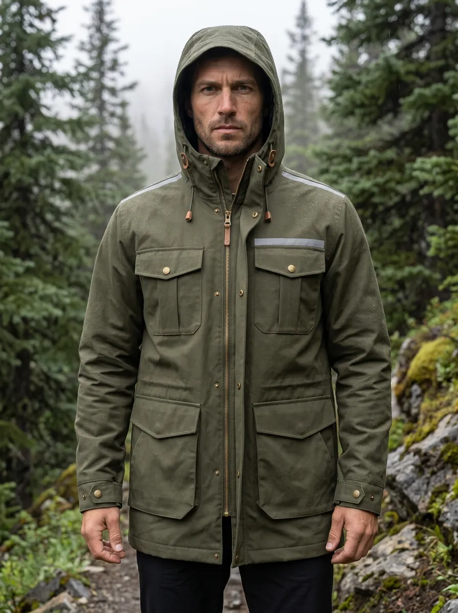 Men's Olive Green Waterproof Hooded Jacket with Adjustable Cuffs and Snap Fastenings