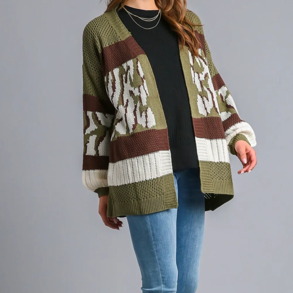 Chunky Knit Animal Print Color Block Cardigan