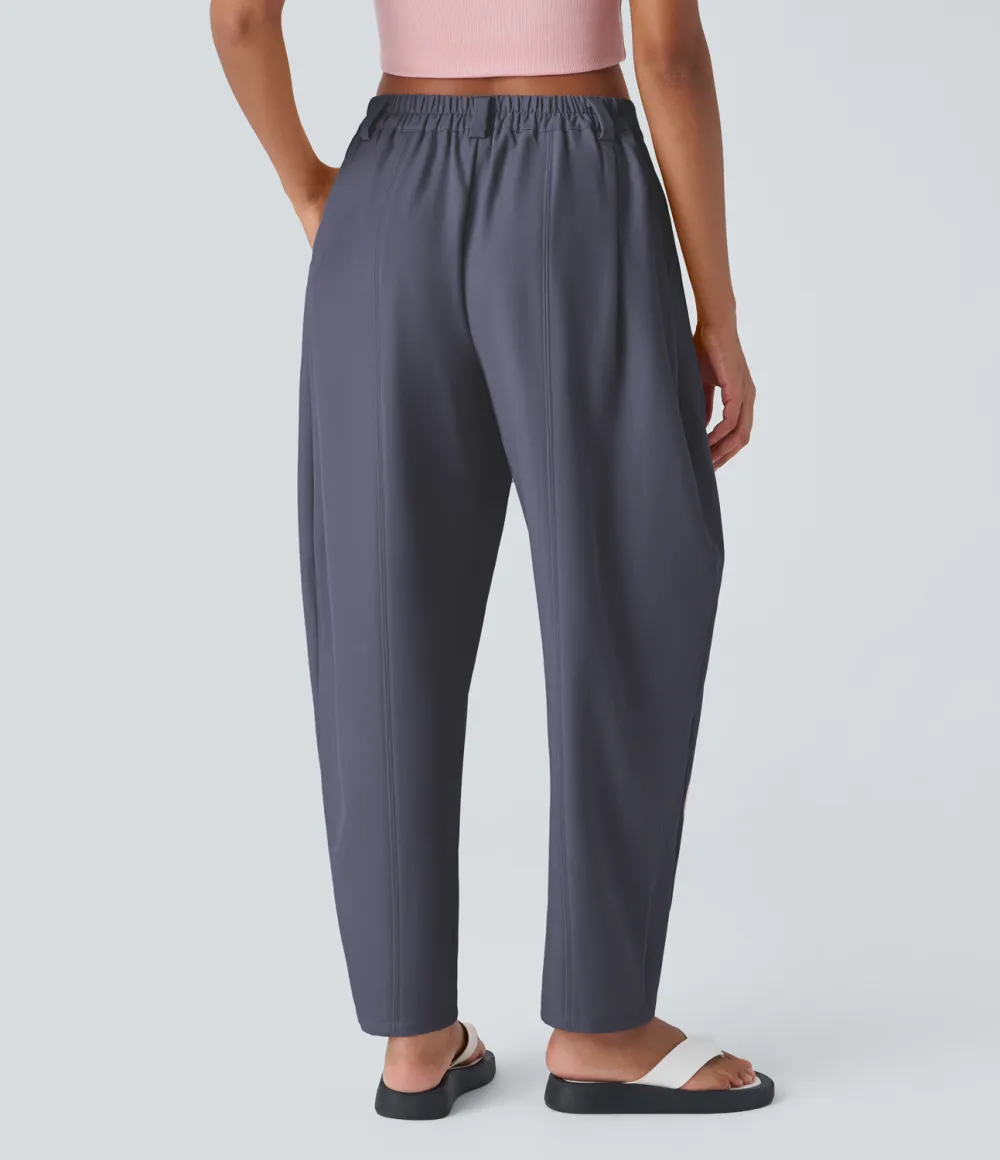 Mid Rise Plicated Side Pocket Barrel Leg Work Pants