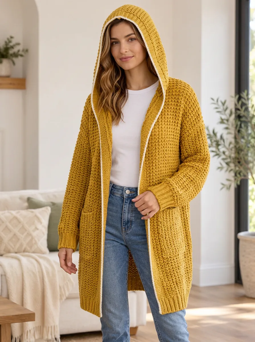 Women's Ribbed-Knit Open-Front Patch-Pocket Classic Hooded Cardigan