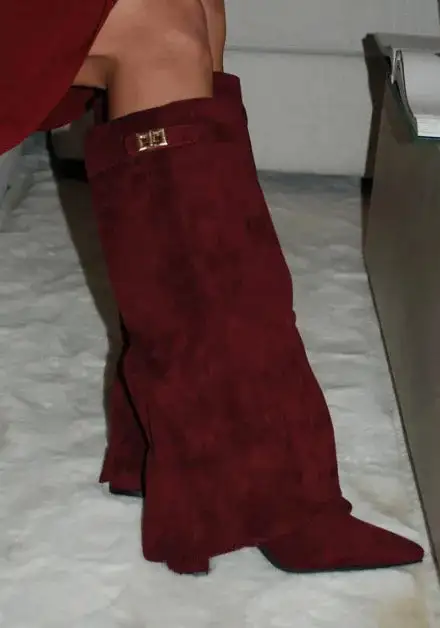 Suede Thigh Tall Boots Buckle  Heeled Boots