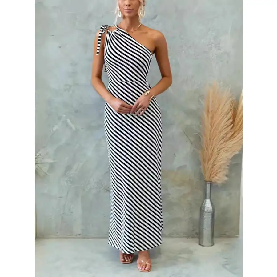 One Shoulder Striped Maxi Dress