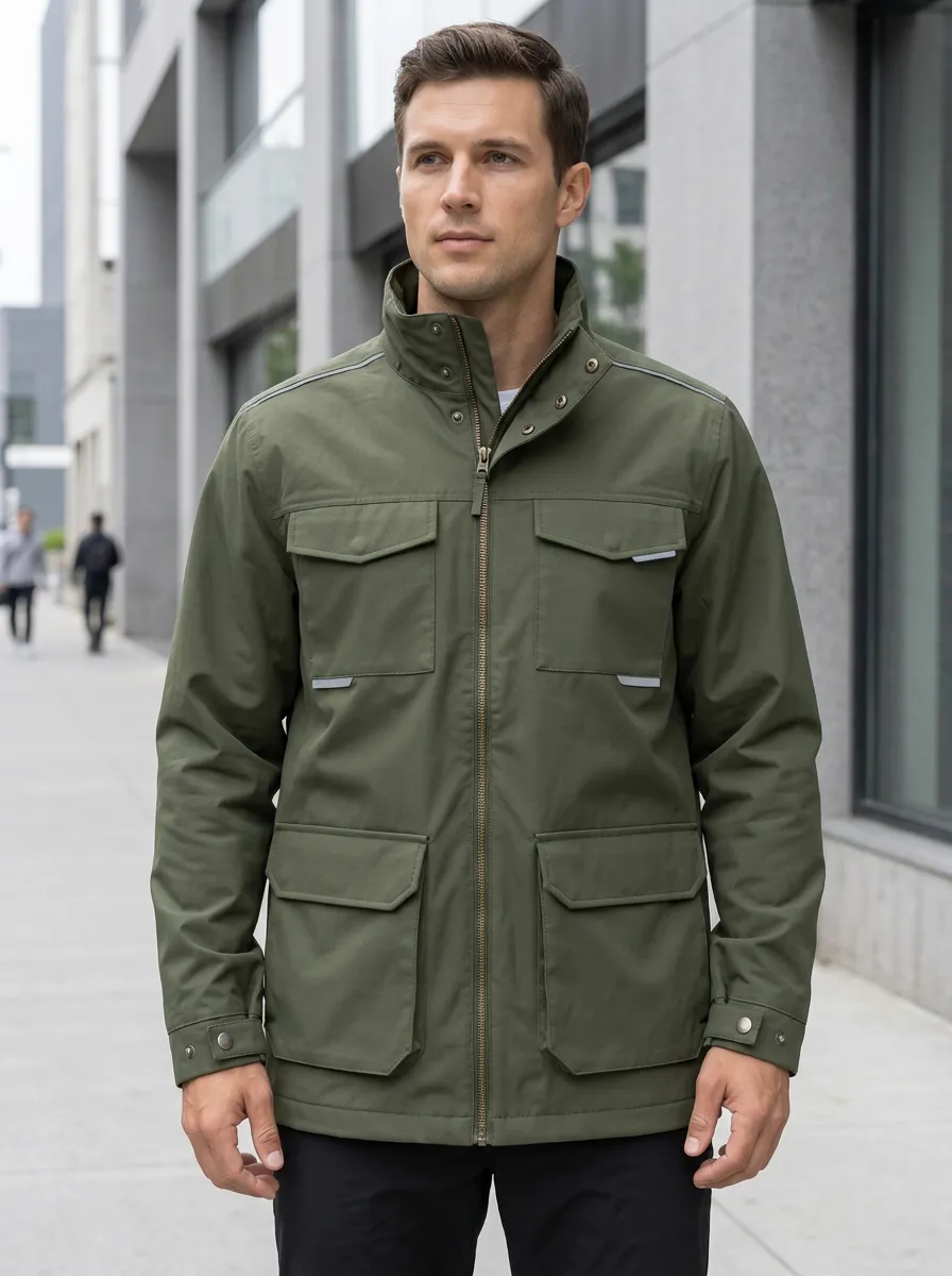 Men's Olive Green Multi-Pocket Waterproof Jacket