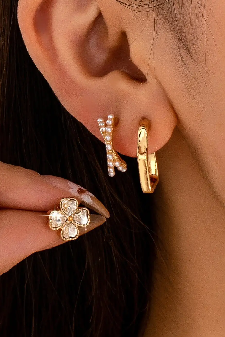 Floral Gem Pearl Hoop Trio