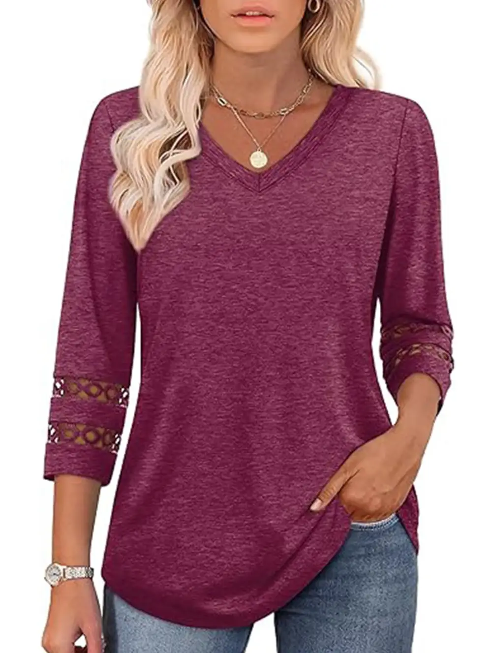 V-Neck Lace Trim Top