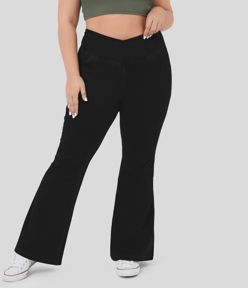 Magic High Waisted Crossover Pocket Cool Touch Breathable Washed Stretchy Knit Plus Size Casual Super Flare Jeans