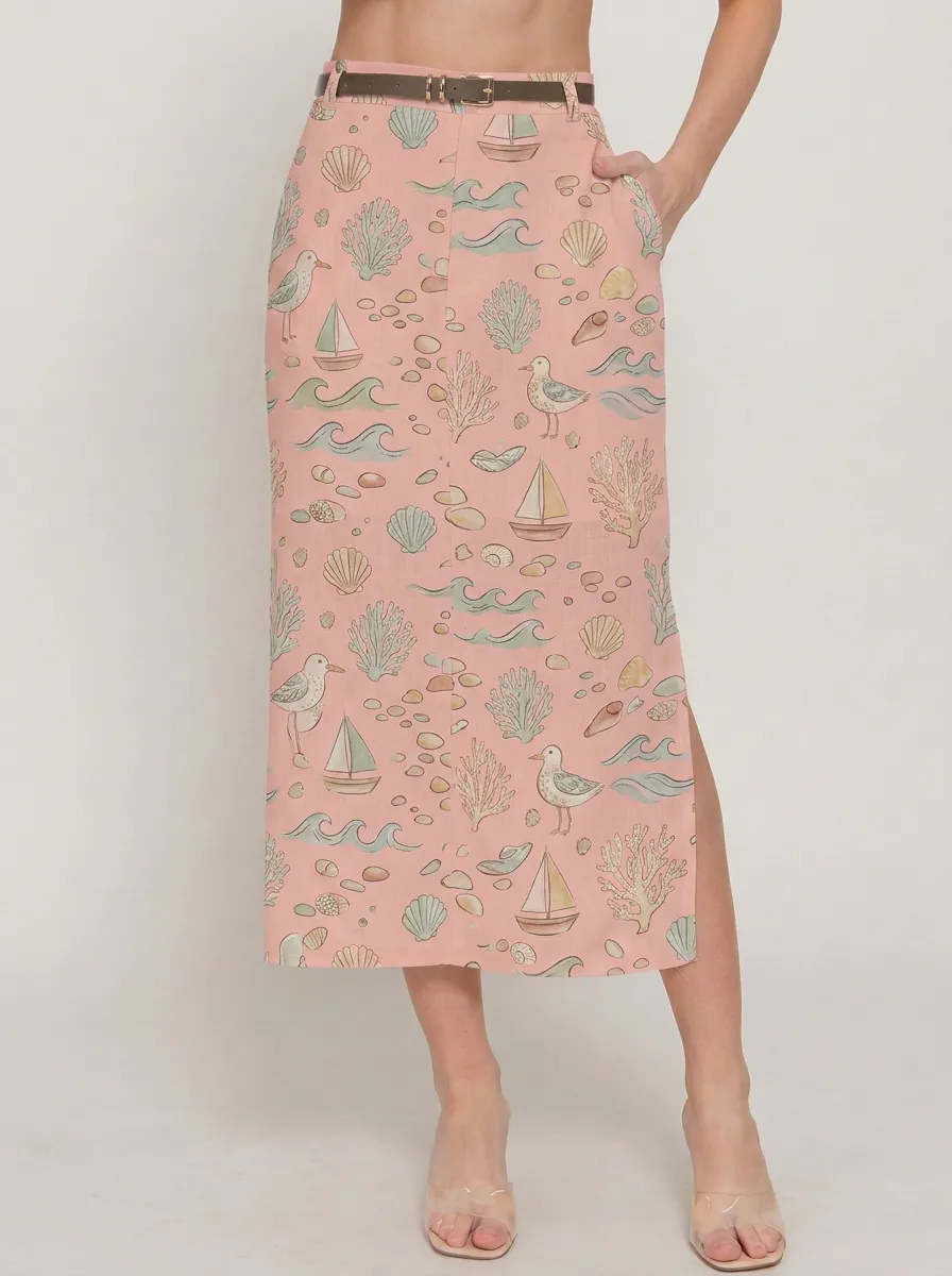 Women's Beach Lover Nautical Seashell Seagull Printed Midi Skirt