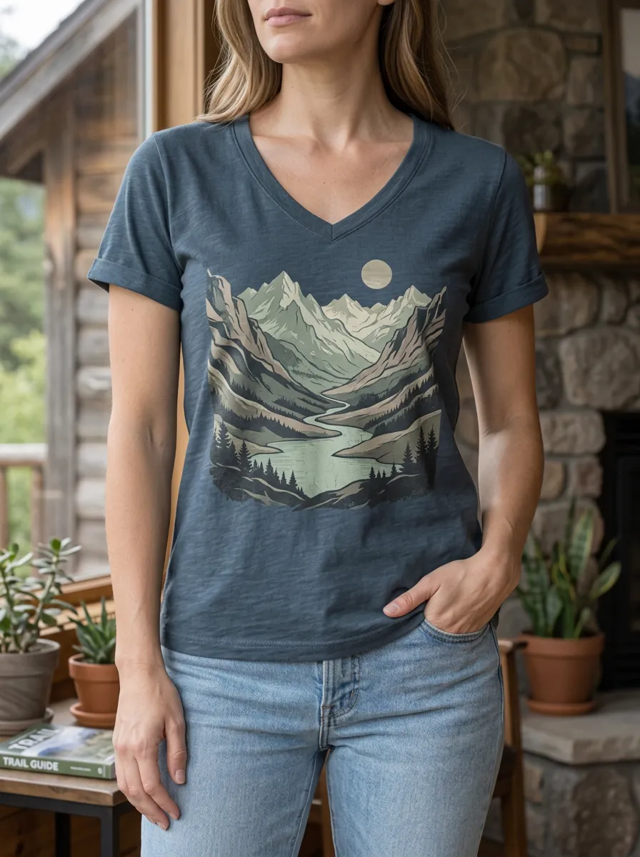 Women's Nature Lover Mountain Lake Moon Printed V-Neck T-Shirt