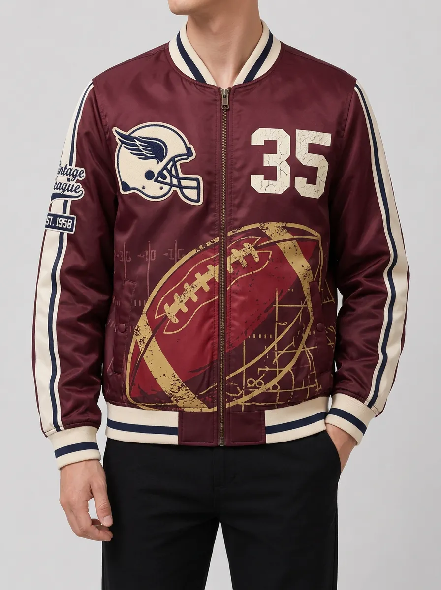 Men's American Football Fan Vintage League 35 Helmet Printed Bomber Jacket