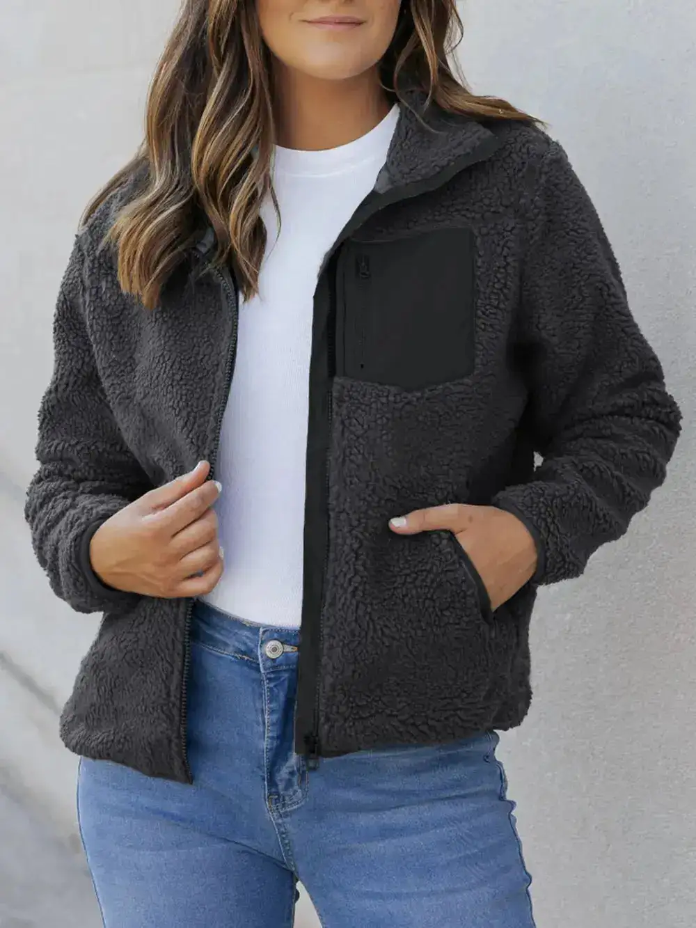Plush Zip Front Pocketed Casual Jacket