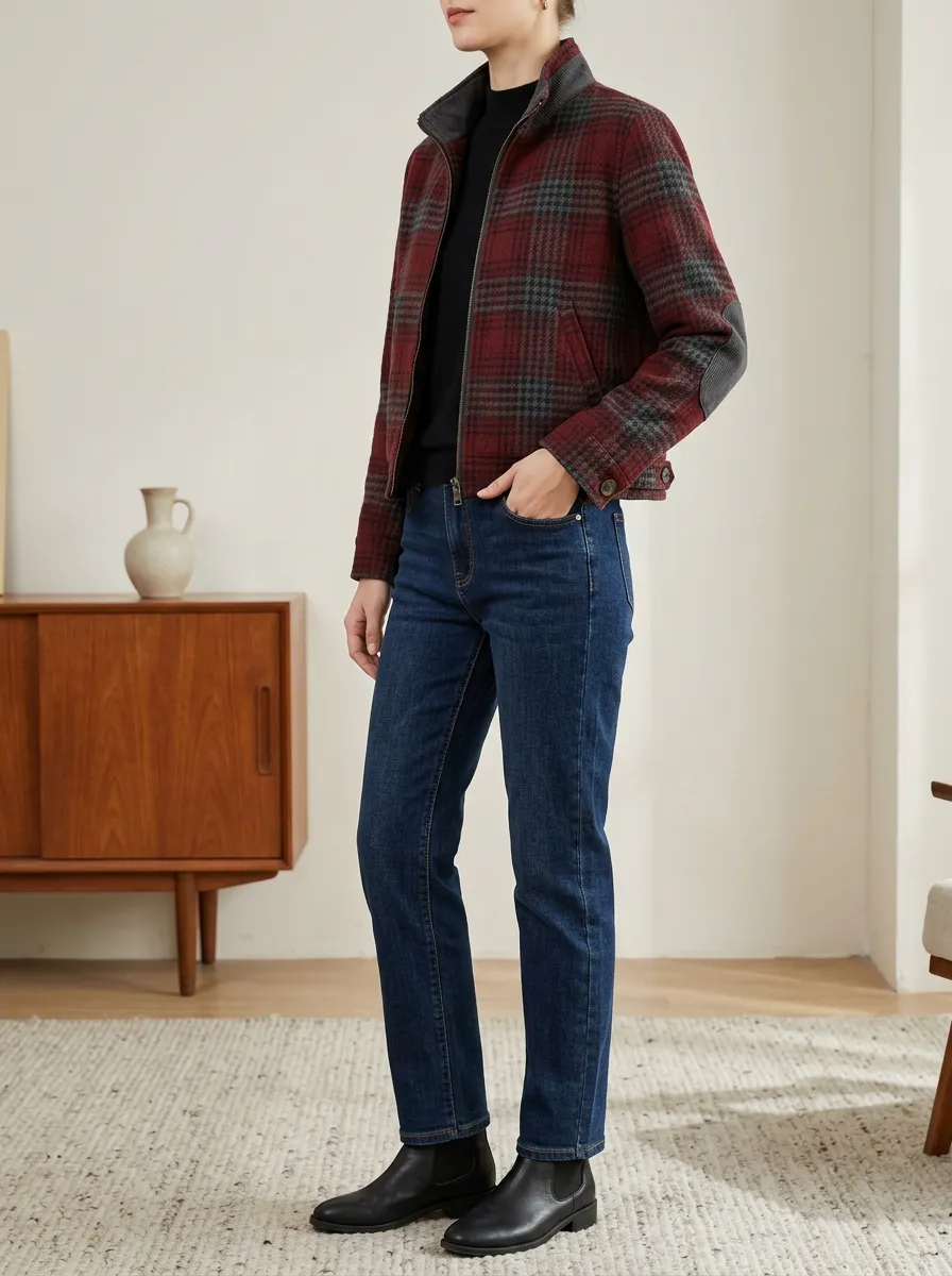 Women's Zip Front Button Front Plaid Stand Collar Cropped Jacket