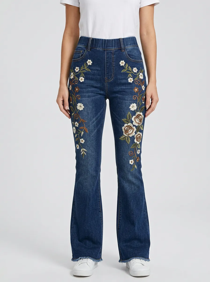 Women's Dark Wash Floral Embroidery High-Rise Flare Jeans
