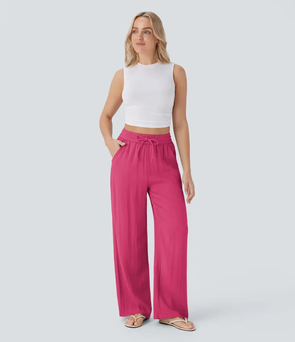 2026🔥 High Waisted Drawstring Pocket Wide Leg Casual Linen-Feel Pants