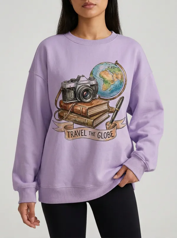 Unisex Travel Lover Globe Camera Books Printed Sweatshirt