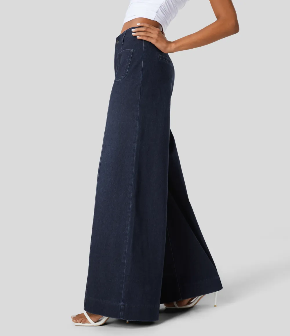 Magic High Waisted Front Pockets Washed Stretchy Knit Casual Wide Leg Jeans