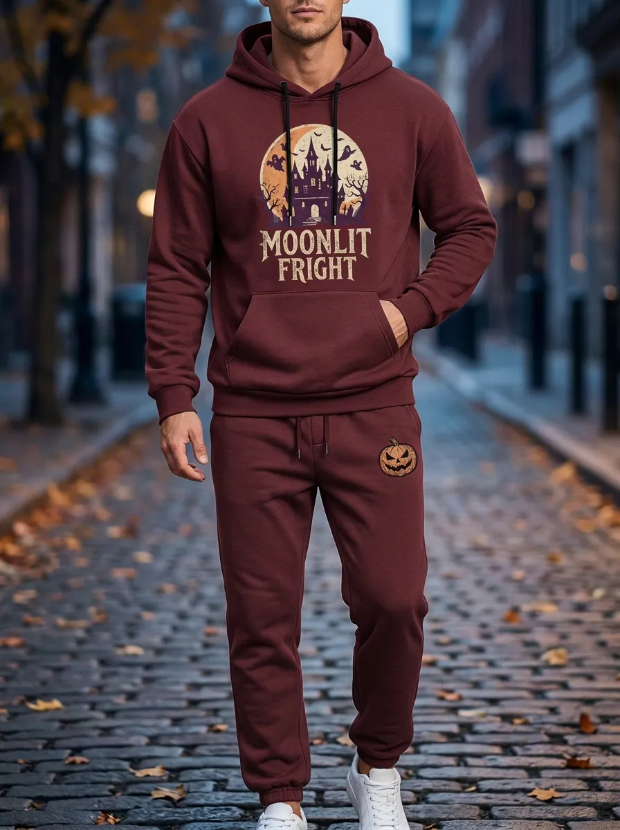 Men's Halloween Moonlit Fright Castle Pumpkin Printed Tracksuit