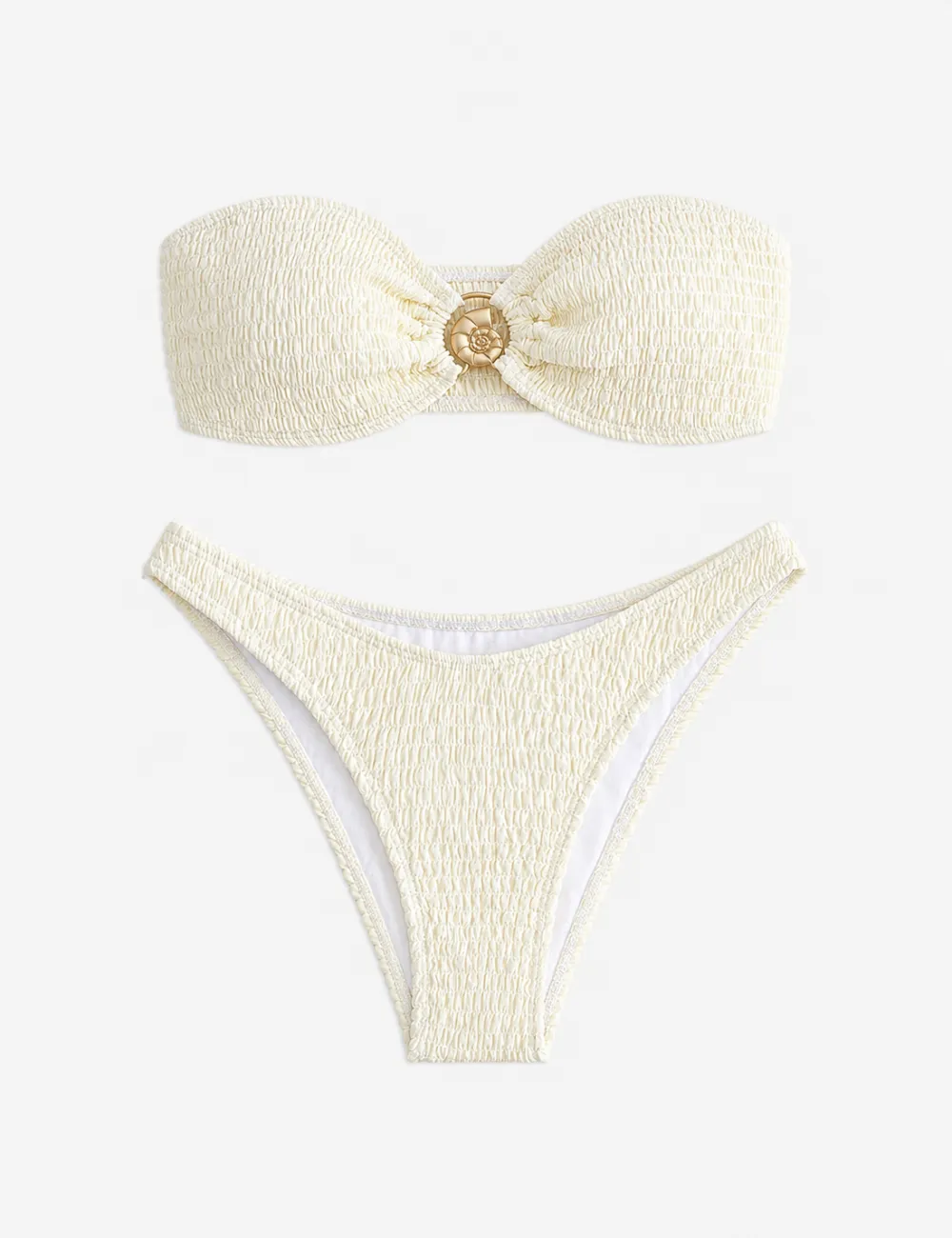 Solid Color Smocked Seashell Bandeau Bikini Set