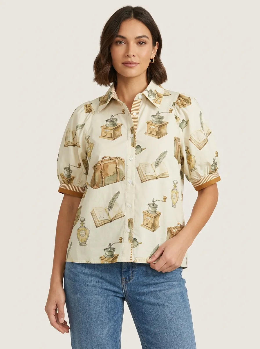 Women's Vintage Stationery Coffee Grinder Graphic Blouse
