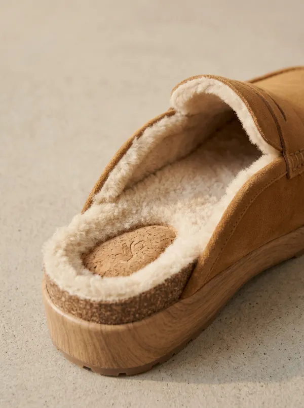 Women's Relaxed Faux Fur Lined Platform Suede Wood Sole Loafers