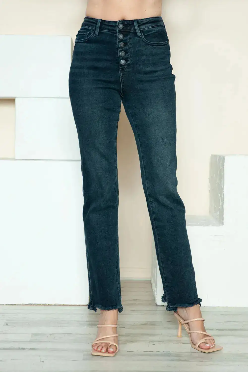 Stretch Distressed Straight-Leg Denim Jeans