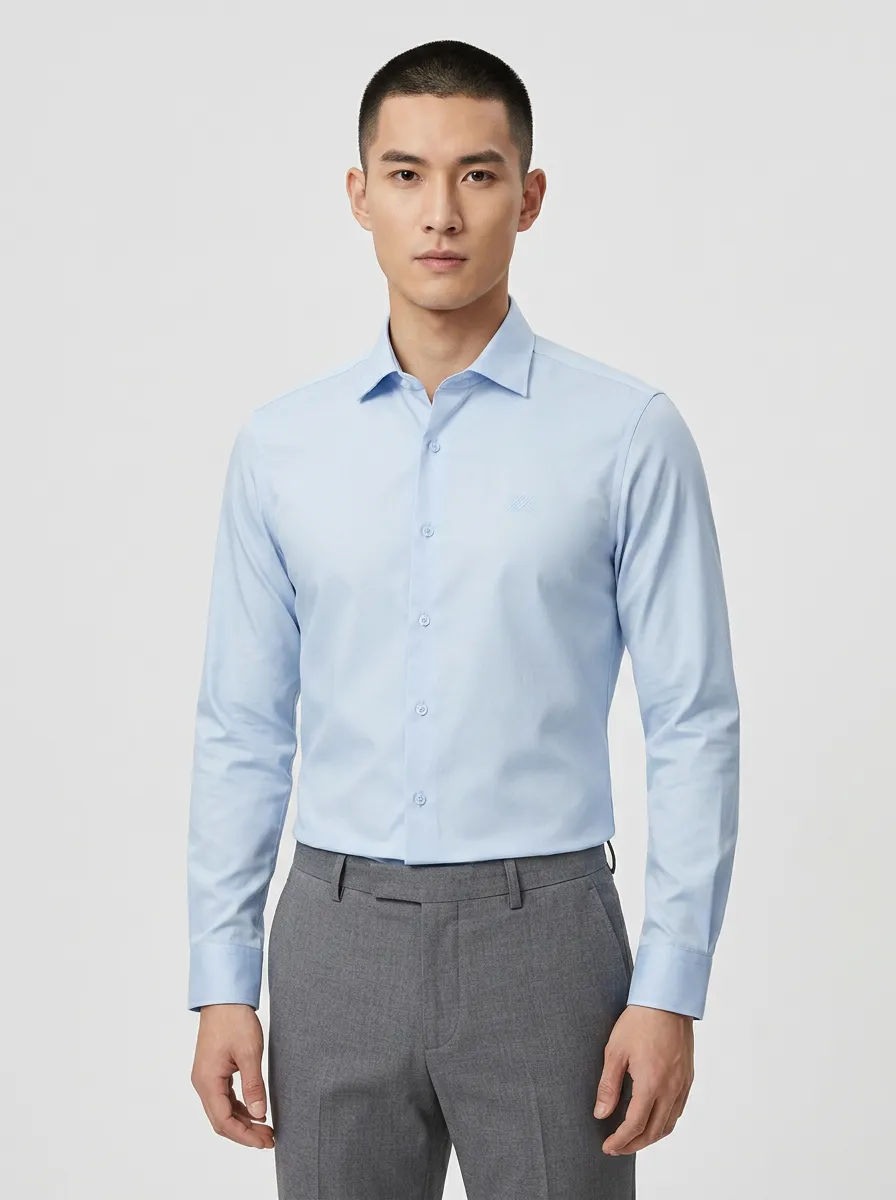 Men's Non-Iron Cotton Light Blue Embroidered Logo Dress Shirt