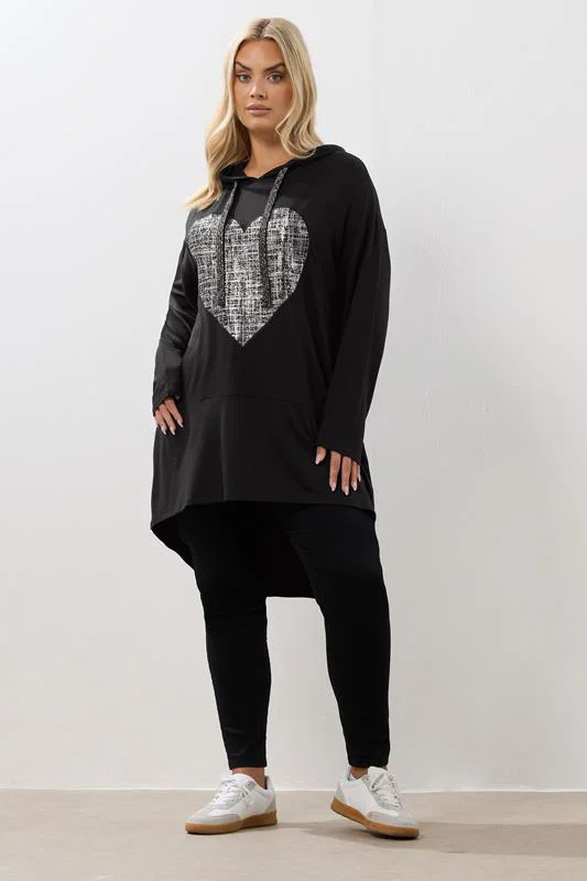 Black Heart Print Longline Hoodie detail 1