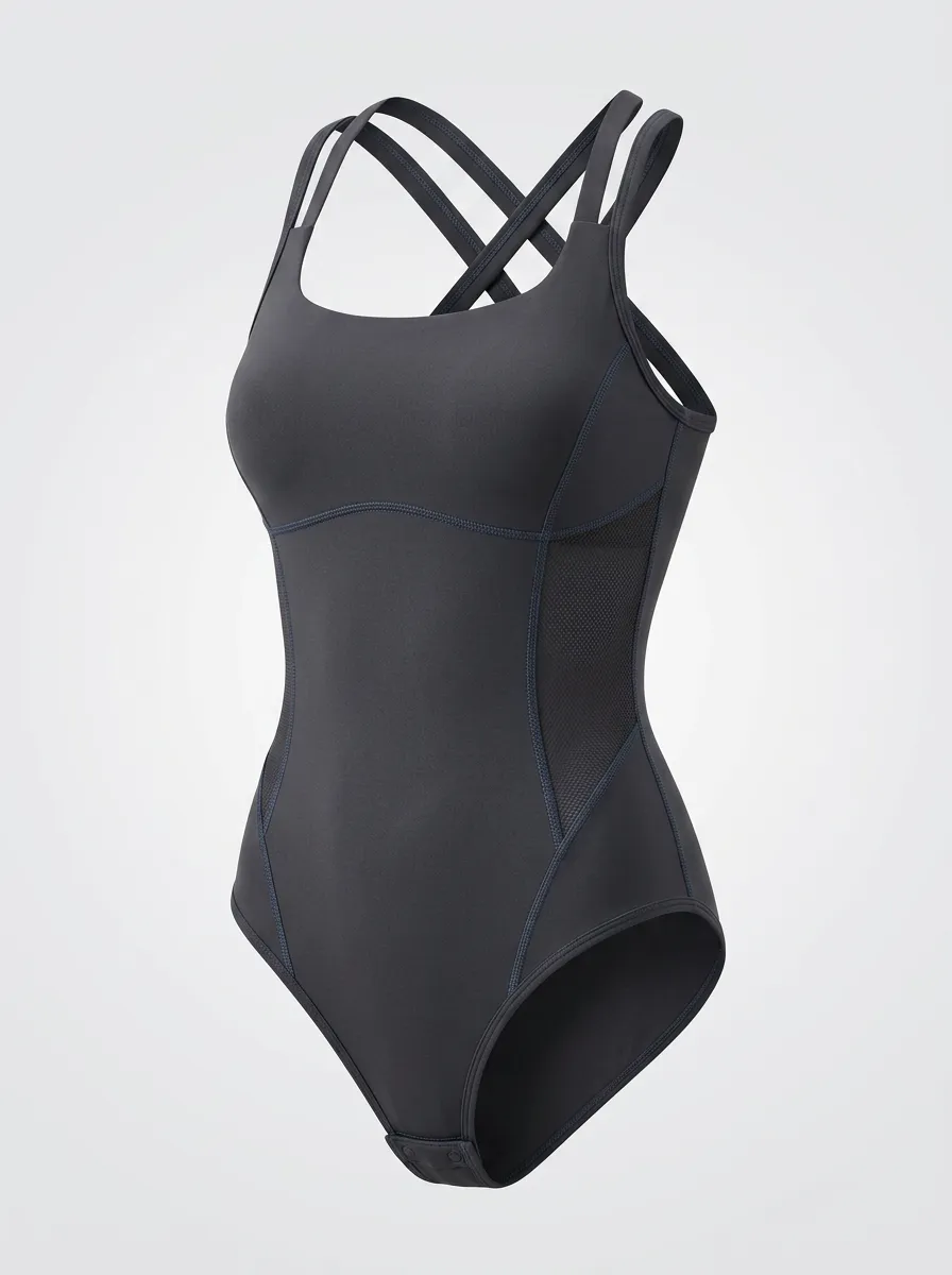 Women's Contemporary Athletic Cross-Back Mesh Panel Solid Bodysuit