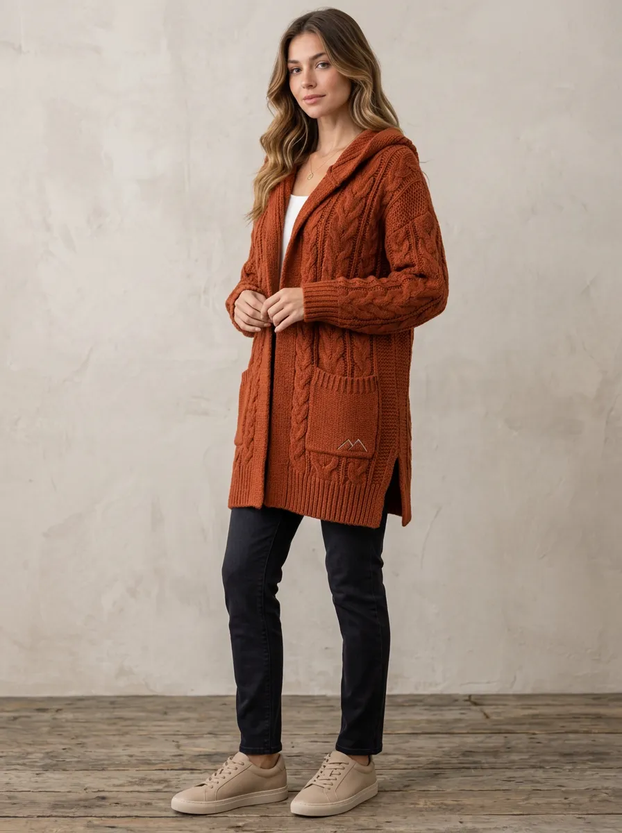 Women's Cable-Knit Open-Front Patch-Pocket Embroidered Hooded Cardigan