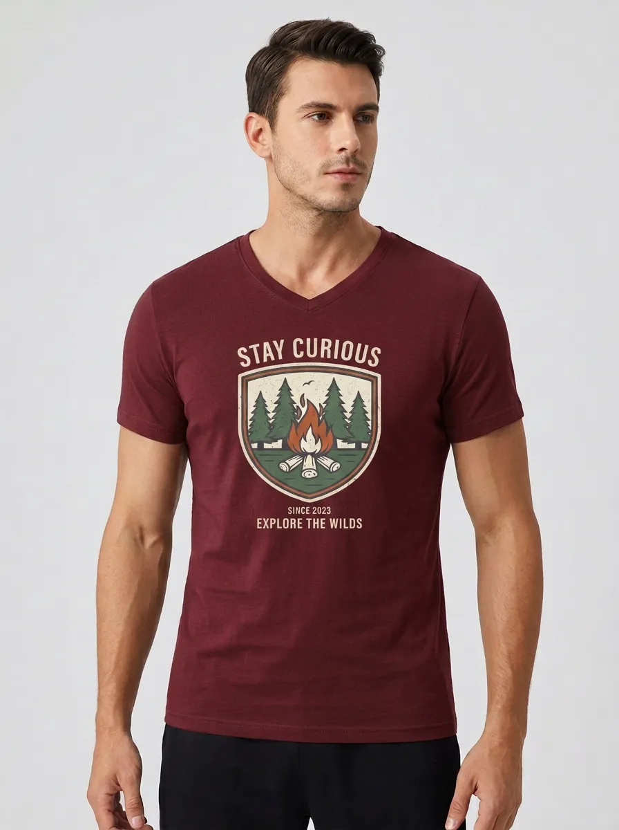 Men's Camping Lover Stay Curious Campfire Forest Printed V-neck T-shirt