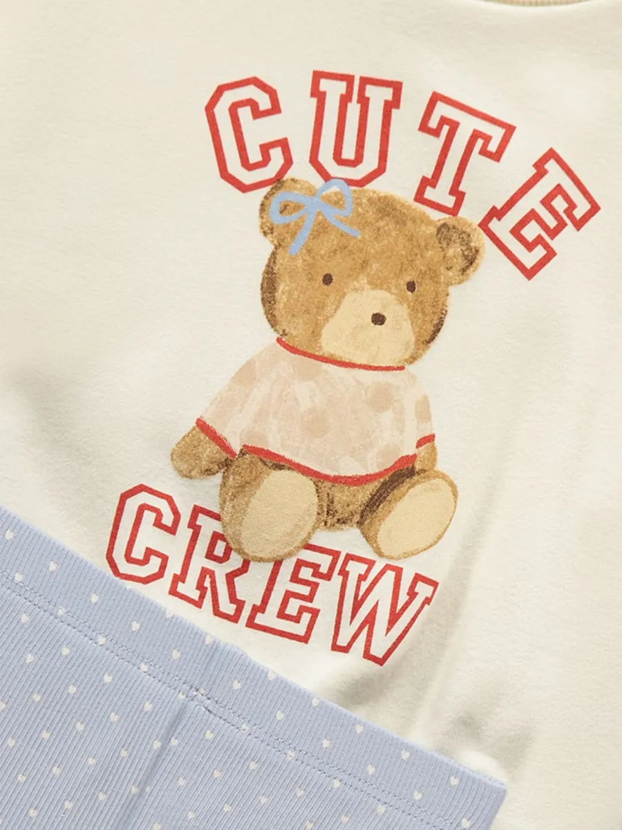 Teddy Bear Cute Crew Sweatshirt and Frill Leggings Outfit