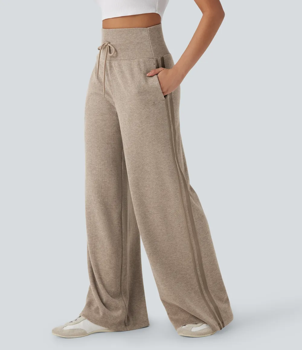 2026🔥  Ribbed SoCinched High Waisted Tummy Control Drawstring Wide Leg Color Block Casual Trousers with Pockets