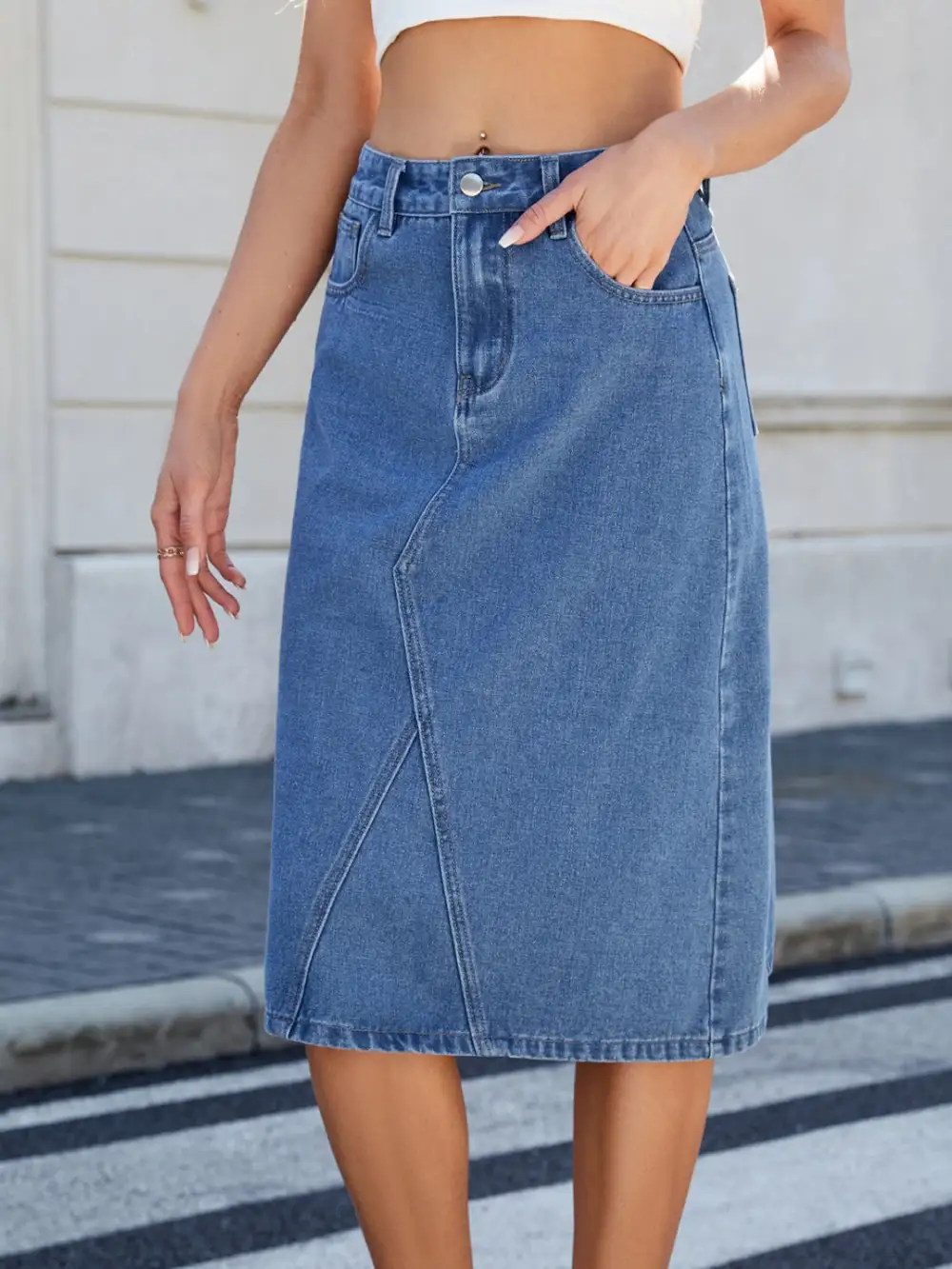 Denim Side Slit Midi Skirt