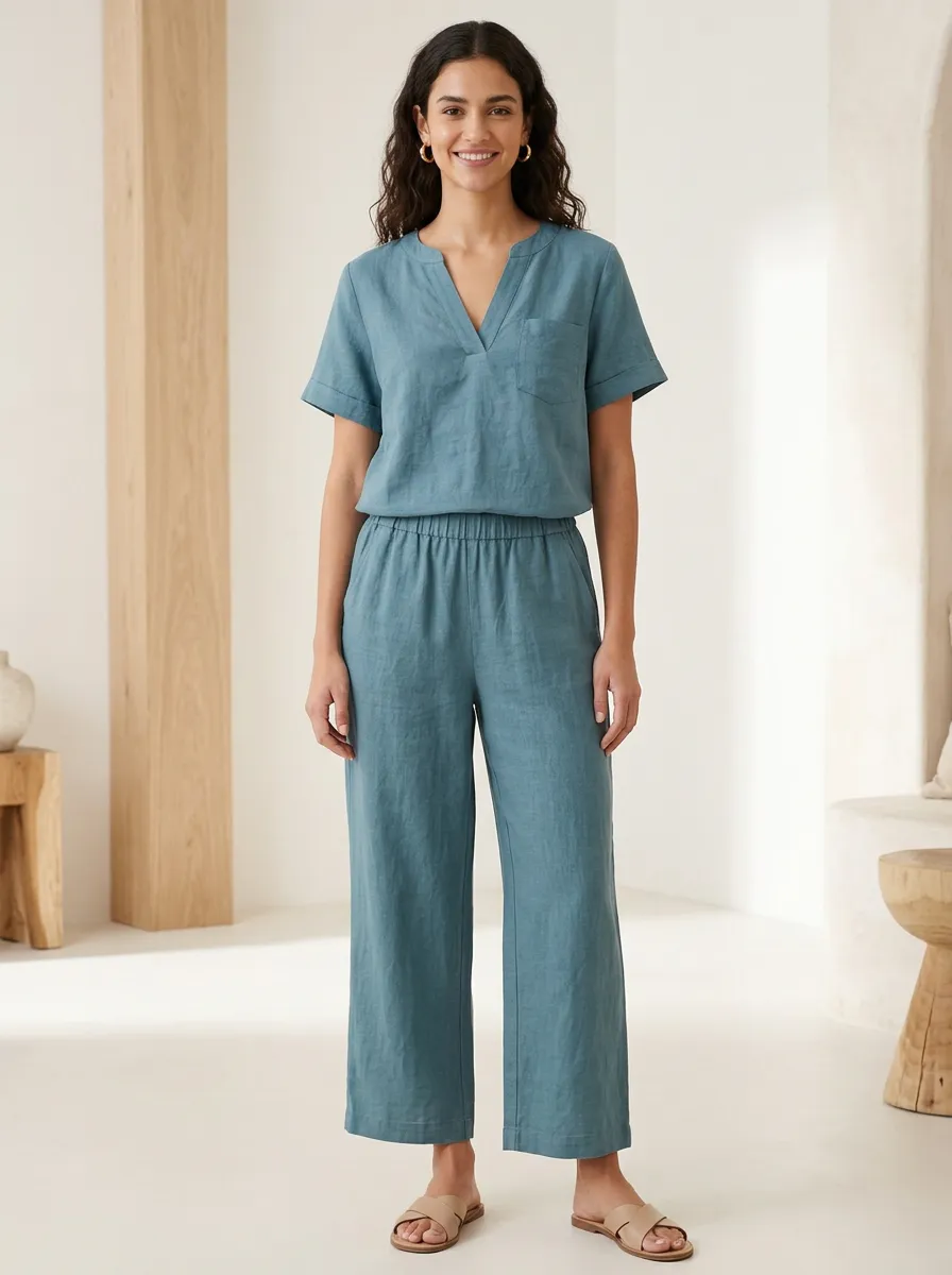 Pocket Short-Sleeve Linen-Blend Women's V-Neck Casual Lounge Set