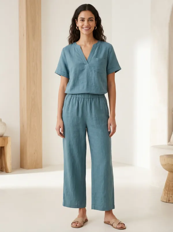 Pocket Short-Sleeve Linen-Blend Women's V-Neck Casual Lounge Set