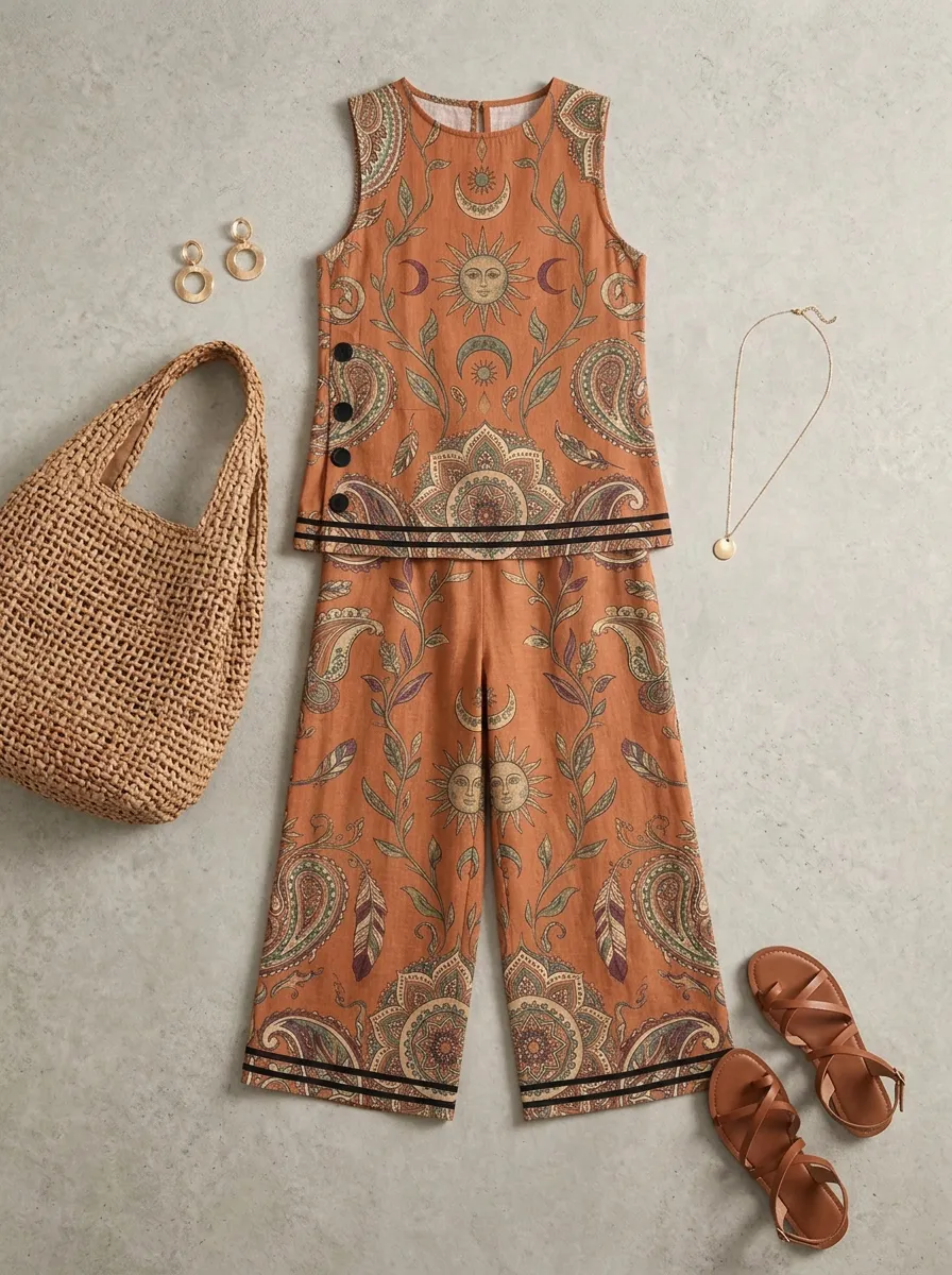 Women's Boho Celestial Sun Moon Paisley Printed Sleeveless Set