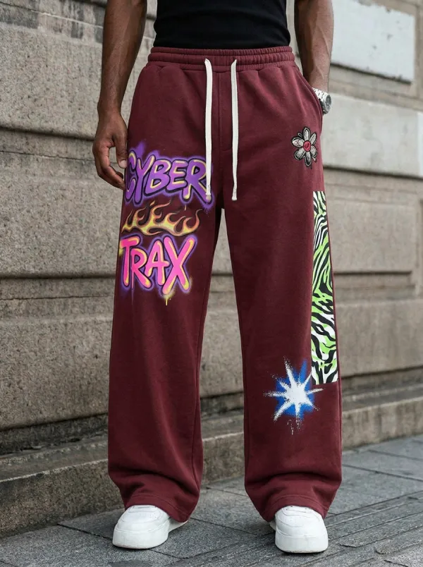 Men's Streetwear Cyber Trax Flame Flower Zebra Printed Sweatpants