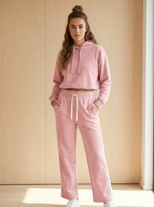 Women's Casual Sporty Logo Printed Crop Hoodie and Wide-Leg Track Pants Set