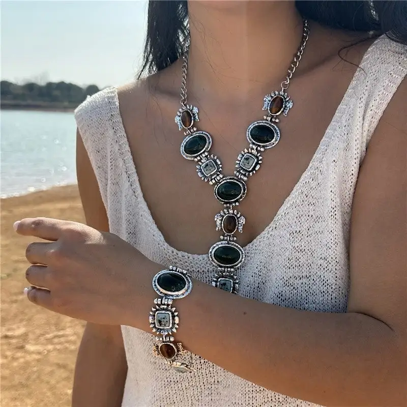 Vintage Metal Resin Gem Geometric Pendant Necklace Bracelet