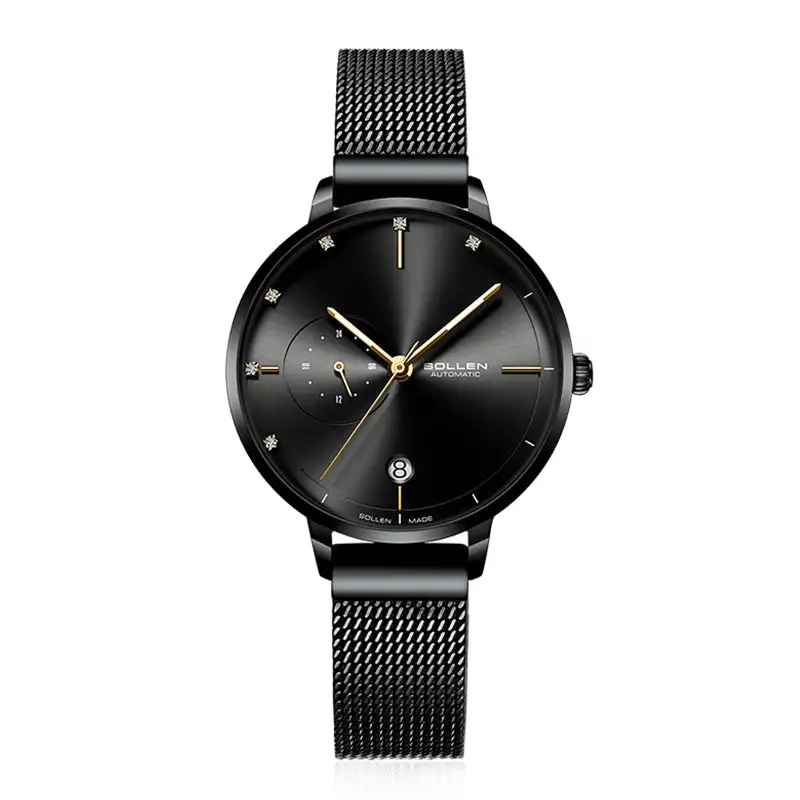 Sollen SL416 Women's Automatic Mechanical Watch - 36mm Stainless Steel Case Slim 9.9mm 24-Hour Subdial Date Mesh Bracelet Wristwatch