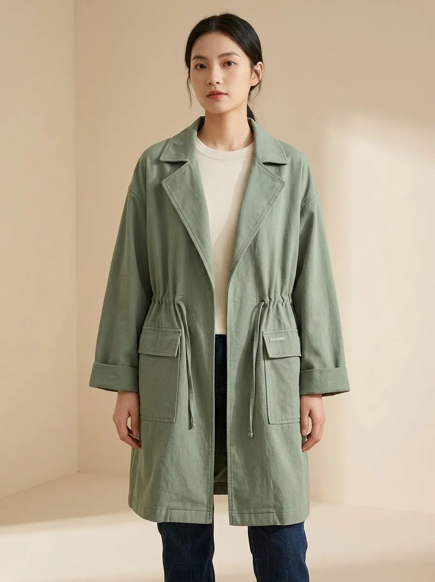 Casual Drawstring Waist Utility Trench Coat