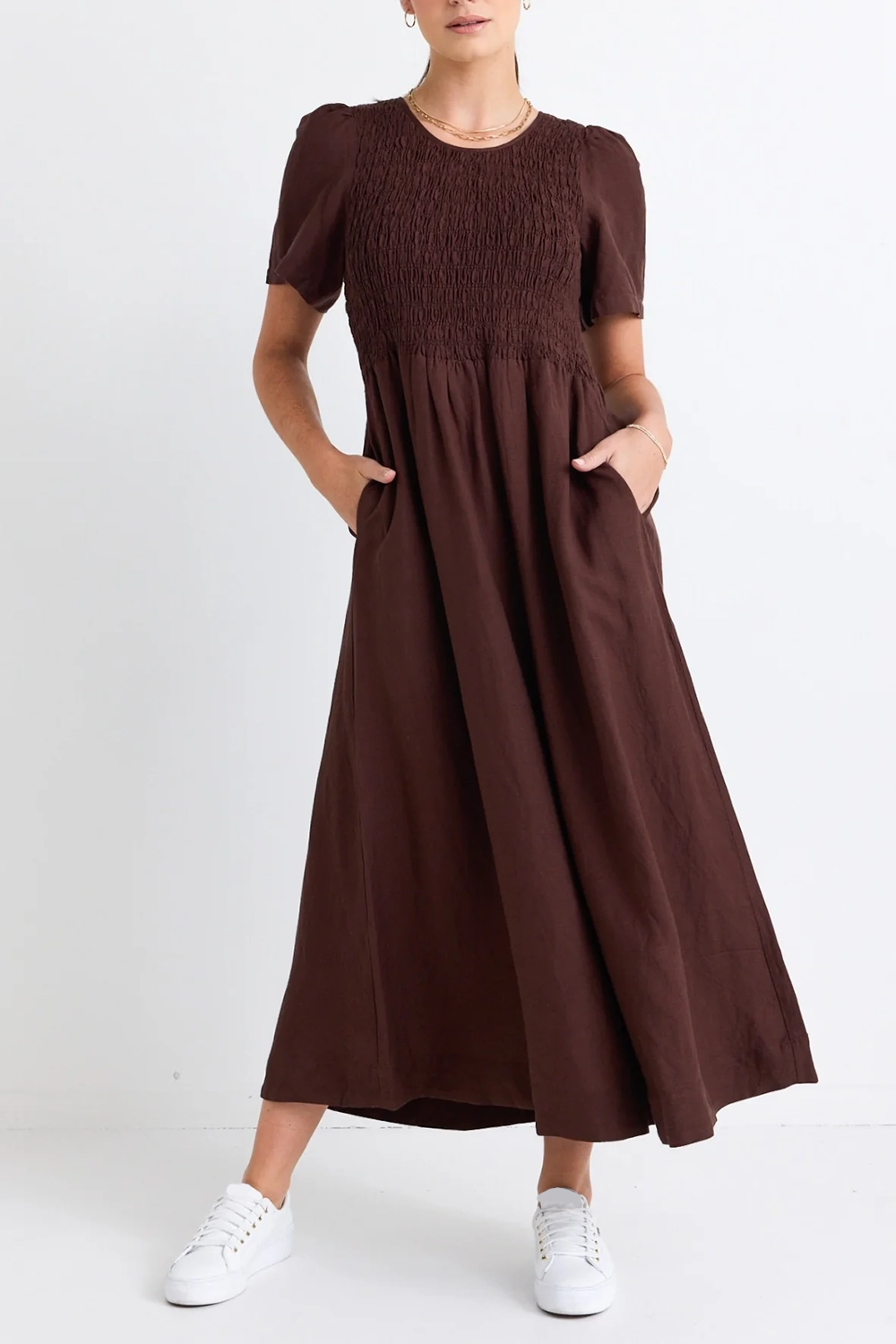 Brown Smocked Pocket Maxi Dress