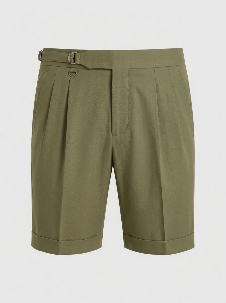 Men's Olive Green Pleated Side-Buckle Tailored Shorts